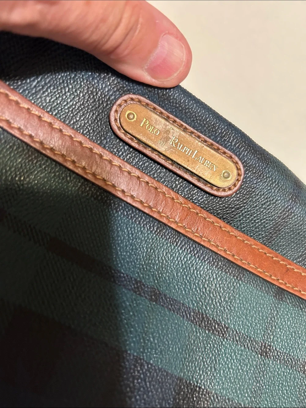 Leather-Trim Green Plaid Crossbody Bag Vintage